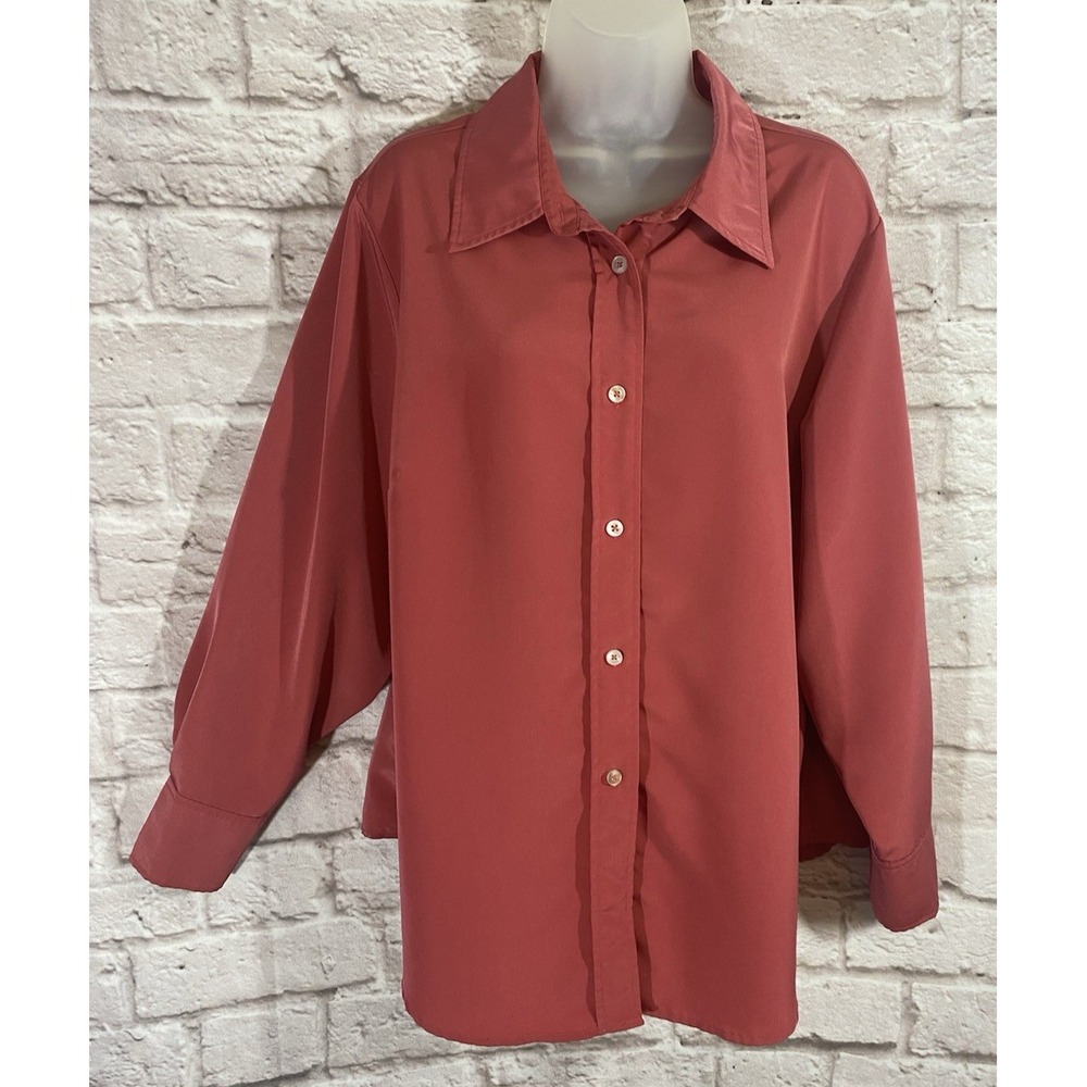 Susan Graver Style Dusty Rose‎ Pink Muted Satin Top Button Front Shirt 1X Career